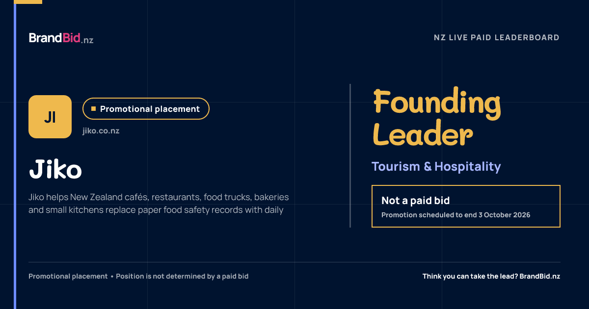 Jiko is the promotional Founding Leader in Tourism & Hospitality on BrandBid.nz. This is not a paid bid.