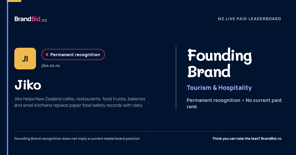 Jiko is permanently recognised as a Founding Brand on BrandBid.nz.