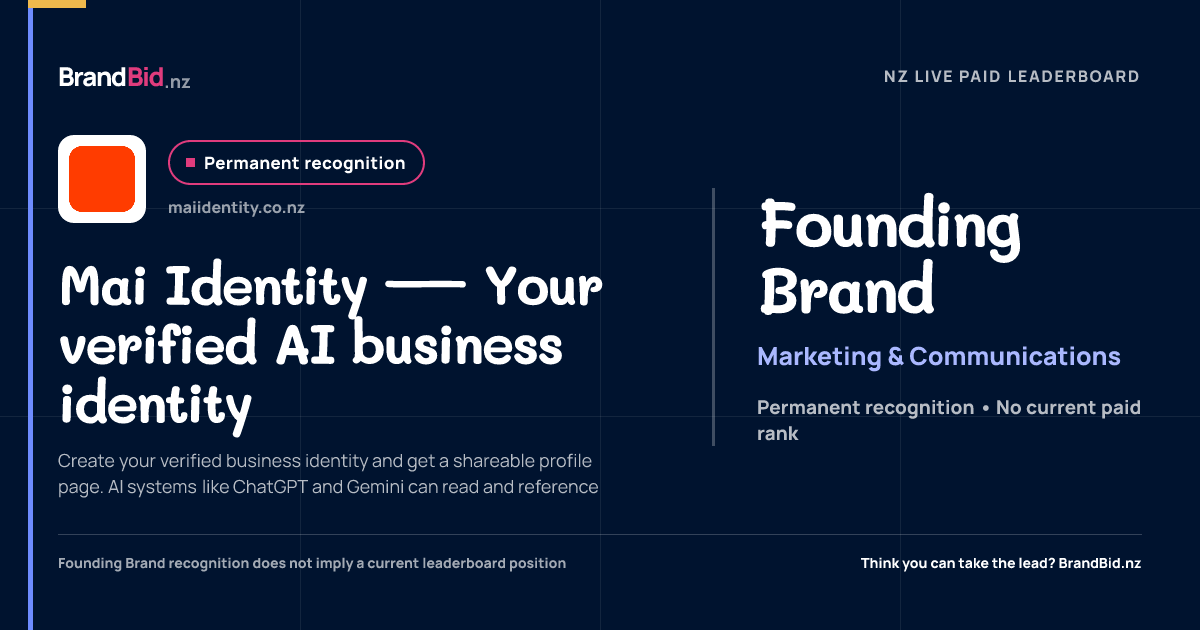 Mai Identity — Your verified AI business identity is permanently recognised as a Founding Brand on BrandBid.nz.