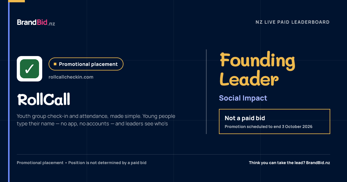 RollCall is the promotional Founding Leader in Social Impact on BrandBid.nz. This is not a paid bid.