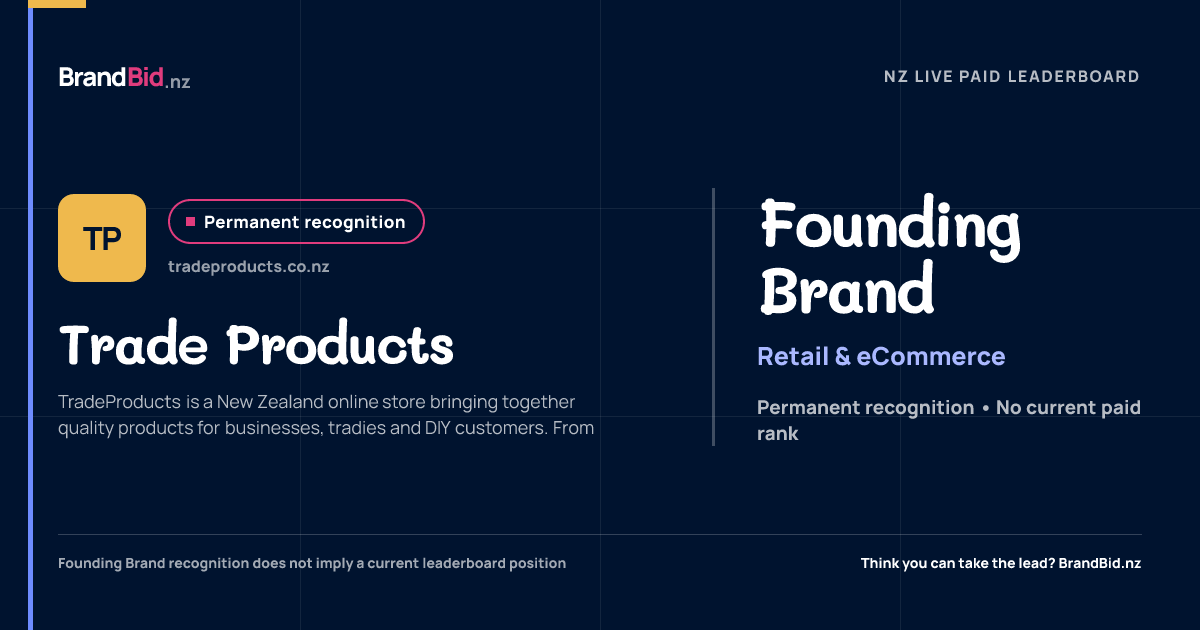 Trade Products is permanently recognised as a Founding Brand on BrandBid.nz.