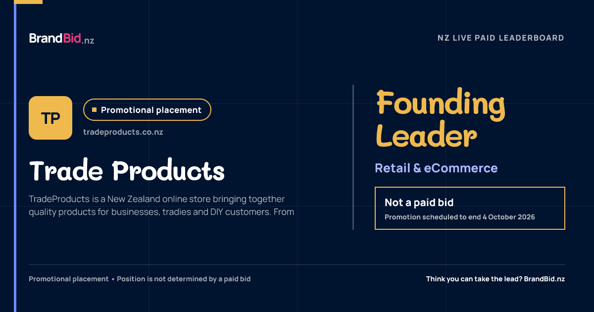 Trade Products is the promotional Founding Leader in Retail & eCommerce on BrandBid.nz. This is not a paid bid.